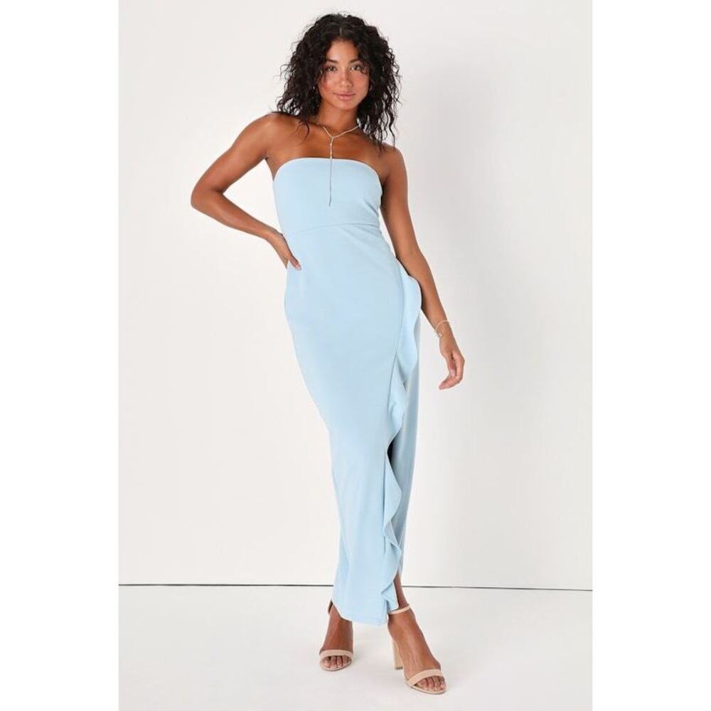 Lulus After Hours Light Blue Strapless Ruffled Maxi Dress - Size XS